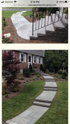 two pictures showing steps leading up to a house