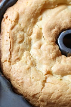 a cake in a pan with a black ring on it