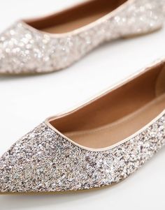 ASOS DESIGN Lucky pointed ballet flats in rose gold glitter | ASOS Pointed Ballet Flats, Glitter Flats, Rose Gold Glitter, Pointed Toe Flats, Party Fashion, Ballerinas, Luxury Handbags, Elegant Style