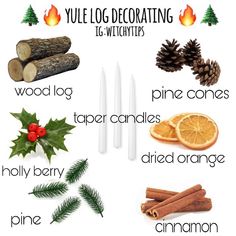 a poster with words describing different types of christmas decorations and pine cones, cinnamons, fir