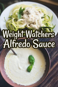 the cover of weight watchers alfredo sauce is shown on a plate with pasta and basil