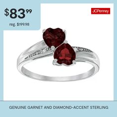 Lend romantic style to your everyday looks with this genuine garnet and diamond-accent double-heart ring.Stones: 5mm heart-shaped genuine garnetsOther Stones: Diamond accentsRing Style: Cocktail Rings, Bypass RingsFeatures: Quick ShipDiamond Clarity: I2-I3Setting: ProngShape: HeartStone Cut: RoundDiamond Color: H-IRounded Carat Weight: Less Than 1/10 Ct.t.wCare: Wipe CleanAuthenticity: Genuine StoneBirthstone: January BirthstoneMetal: Sterling SilverCountry of Origin: Imported Ring Stones, Double Heart Ring, Ring Color, Double Heart, Romantic Style, Cocktail Rings, Garnet, Heart Ring, Heart Shapes