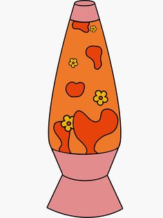 an orange vase with hearts and flowers on it's side, sitting in front of a white background