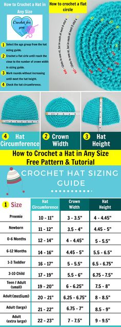 the instructions for crochet hat sizes and how to use them in this project