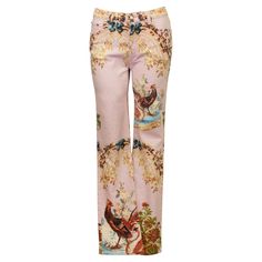 Roberto Cavalli printed five pocket jeans from S/S 2003. Pale pink with a beautiful Chinoiserie inspired print featuring florals, bows, lattice, pheasants and swans. Mid rise with flared leg. Many different elements of the print are highlighted with gold glitter. Signed fabric and tonal top stitching. Excellent vintage condition. Made in Italy. This S/S 2003 collection has made a resurgence with many celebrities wearing pieces from this quintessentially Y2K collection. Marked size S. Roberto Cavalli Pants, Birthday Jeans, Roberto Cavalli Vintage, 2003 Fashion, Vintage Roberto Cavalli, Jean Rose, Cavalli Jeans, Colorful Pants, Roberto Cavalli Dress