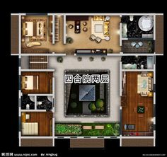 an overhead view of a floor plan with furniture in the center and on the other side