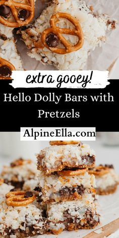 some food is stacked on top of each other with the words extra gooey hello dolly bars with pretzels