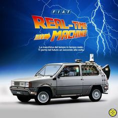 an advertisement for real time and machine with a car in the foreground, lightning behind it