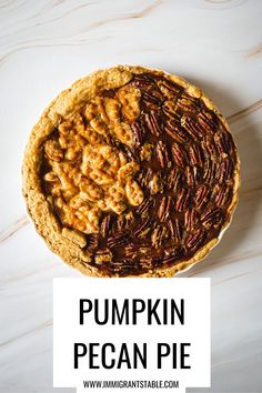 pumpkin pecan pie with text overlay