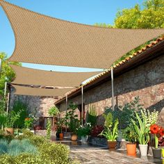 an outdoor area with potted plants and flowers under a large shade sail over the patio