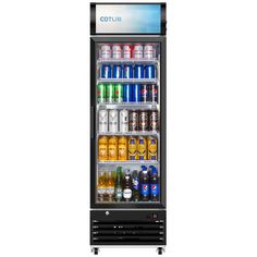 an image of a beverage cooler with drinks on it's shelves and doors open