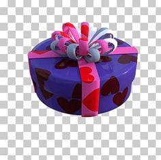 a purple gift box with pink ribbon and hearts on it, sitting against a white background