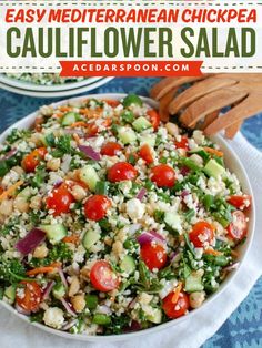 Indulge in the delicious flavors of this easy Mediterranean chickpea cauliflower salad! Packed with cauliflower and canned chickpeas, this white bean salad is vegetable loaded and very easy to make! Save this pin and try this healthy side dish now! Make Ahead Mediterranean Meals, Mediterranean Salad Recipes, Loaded Salad, Mediterranean Soup, Mediterranean Salads, Healthy Lunch Salad, Mediterranean Salad Recipe, Easy Yummy Recipes, Beans And Cheese