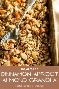 homemade cinnamon apricot almond granola in a baking dish with a serving spoon