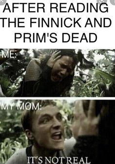 two pictures with the words after reading the finnick and prim's dead