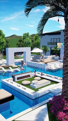 an artist's rendering of a pool with lounges and palm trees