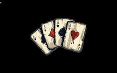 four playing cards with hearts on them in the middle of a black background that says,