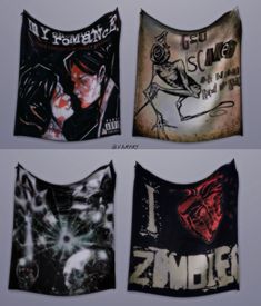 four different images of the same fabric with words and pictures on them, each featuring a woman's face