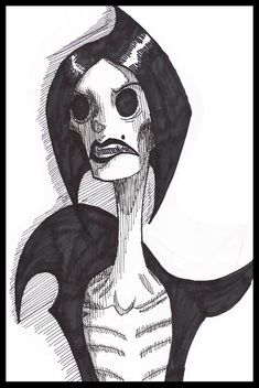 a black and white drawing of a woman in a hoodie with an evil look on her face