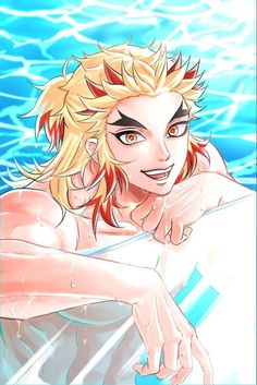 an anime character with blonde hair and blue eyes, leaning on the edge of a swimming pool