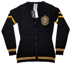 HOT TOPIC Harry Potter Hufflepuff Cardigan Sweater Black XS Extra Small ~ New New with tags. Size is XS. Laid flat, the chest measures 16" from armpit to armpit and the length from top to bottom is 26." For a proper fit, compare measurements to an item that fits you well.  Thanks for looking! As you're walking through the halls at school, pretend you're a student at Hogwarts while wearing this cardigan from Harry Potter. It's black with an embroidered Hufflepuff house crest, yellow stripes and f Hufflepuff Cardigan, Hufflepuff Sweater, Harry Potter Cardigan, Hot Topic Harry Potter, School Cardigan, Hufflepuff House, Harry Potter Hufflepuff, Black Xs, Yellow Stripes