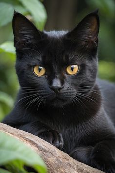 a black cat with yellow eyes sitting on a tree branch looking at the camera while staring straight ahead