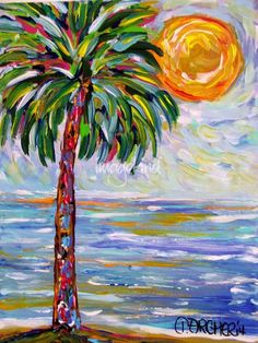 a painting of a palm tree in front of the ocean