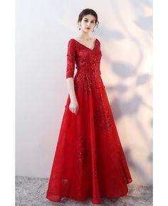 Buy red sequined lace formal long dress vneck with half sleeves at wholesale price online. Free shipping and pro custom service since 2009. Red Half Sleeve Evening Dress, Red Anarkali Gown With Long Sleeves, Red Party Dress With 3/4 Sleeves, Red Long Sleeve Gown With Intricate Embroidery, Red Full-length Wedding Gown, Formal Red Dress, Formal Long Dress, Black To Red Ombre, Red Formal Dresses