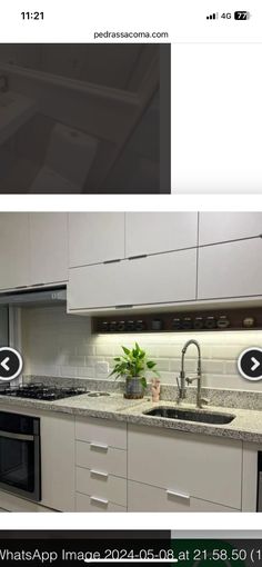 an image of a kitchen with white cabinets and granite counter tops that appear to be new