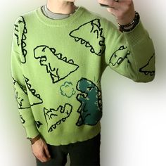 This Dinosaur Sweater Will Be A Great Addition To Your Closet. It Is A Size Medium, Unisex. Green Color With Dinosaur Outlines All Around And On The Back. Super Stretchy And Very Comfortable. Never Worn. You Will For Sure Stand Out With This Really Cool Design! Dinosaur Accessories, Dino Clothes, Snake Clothes, Dinosaur Clothes, Dinosaur Outline, Dinosaur Sweater, Dinosaur Outfit, Clothes Hacks, Diy Clothes Hacks