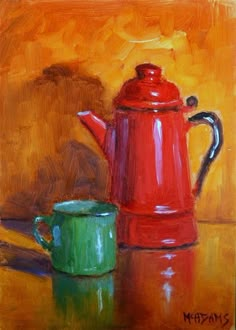 a painting of a red teapot and green cup on a table with an orange background