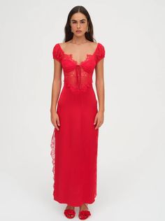 Casey Maxi Dress | For Love & Lemons Red Bralette, Red Satin Dress, Red Cocktail, Red Cocktail Dress, Corded Lace, Guest Dress, For Love & Lemons, Lace Maxi, Satin Skirt