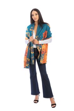 This soft and versatile reversible wrap features a beautiful array of flowers on both sides adding a festive floral statement to your outfit. Material: 100% Viscose Turquoise and Orange combo Blue Fall Shawl, Blue Floral Print Shawl For Spring, Reversible Scarf, Trendy Accessories, Work Attire, We Wear, Casual Jeans, Both Sides, Simple Outfits