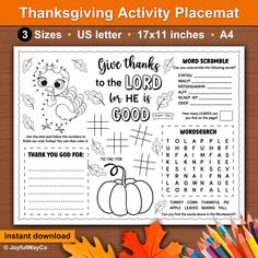 Are you ready for Thanksgiving? Our Thanksgiving printable activity placemat is sure to keep everyone entertained at this busy time! The kids and adults can have fun with this at the dinner table and it serves as a great reminder to reflect and Give Thanks to the Lord, our provider. The printable can also be a fun activity resource for school, kids church, Sunday school and home during the Fall / Thanksgiving season.  What you will receive A PDF to download and print off at home or at a print sh Thanksgiving Craft For Sunday School, Thanksgiving Church Crafts For Kids, Thanksgiving Sunday School Lessons, Sunday School Thanksgiving Crafts, Thanksgiving Sunday School Lesson, Thanksgiving Crafts For Church, Thanksgiving Activity Sheets, Thanksgiving Activities Preschool, Christian Thanksgiving