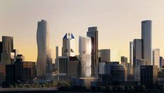 an image of a city skyline with skyscrapers in the foreground and water on the other side