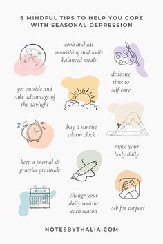 8 Mindful Tips To Help You Cope With Seasonal Depression; Infographic ask for support, keep a journal and practice gratitude, change your daily routine, move your body daily, dedicate time to self-care, cook nourishing meals, get outside for fresh air. Handdrawn icons overlayed on colour shapes. winter blues | winter depression | seasonal affective disorder | well-being tips for women | mental health tips for women | wellness tips | mental health journey Winter Wellness, Low Mood, Good Mental Health, Mental And Emotional Health, Health Matters, Mental Health Matters, Self Improvement Tips, Vitamin D