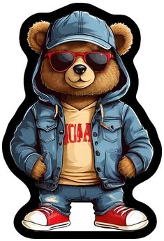 a teddy bear wearing sunglasses and a denim jacket