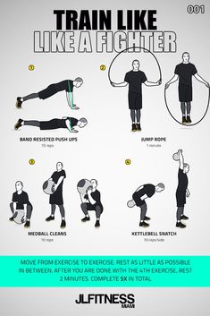 a poster with instructions on how to train like a fighter, including the kettle lifts