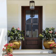 two potted plants are sitting on the front steps next to a wooden door with glass panes