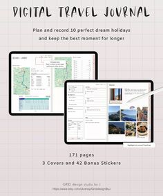 the digital travel journal is open and ready to be used on your phone or tablet