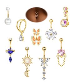 an assortment of piercings with different colors and designs on them, all in gold