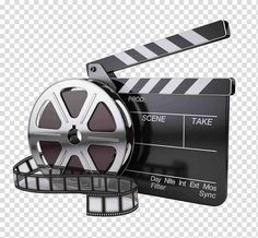 a movie clapper and film reel on a transparent background