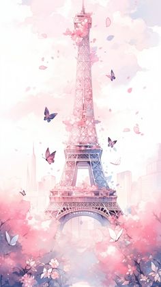 the eiffel tower is surrounded by pink flowers and butterflies in paris, france