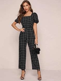 Summer Jumpsuits, Plaid Jumpsuit, Jumpsuit Summer, Affiliate Links, Square Neck, Jumpsuits For Women, Women Clothing, Puff Sleeve, Jumpsuit