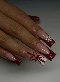 Christmas Dark Red Nails, Christmas Initial Nails, Medium Length Nails With Gems, Coffin Nails Designs Christmas, Red Bling Christmas Nails, Red Nails Design Christmas, Christmas Square Acrylic Nails, Cherry Red Christmas Nails, Christmas Nails Square Medium