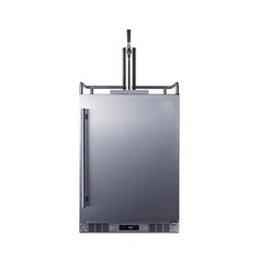 a stainless steel refrigerator freezer sitting on top of a white wall with two black handles