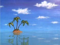 there is a small island with two palm trees in the middle of the water and clouds above it