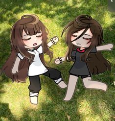 two cartoon girls in the grass with their hands on each other's hipss