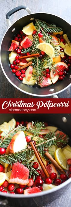 two pictures of food in a pan with pine and cranberries on the side