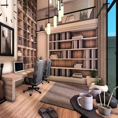 a computer desk sitting in front of a book shelf filled with books